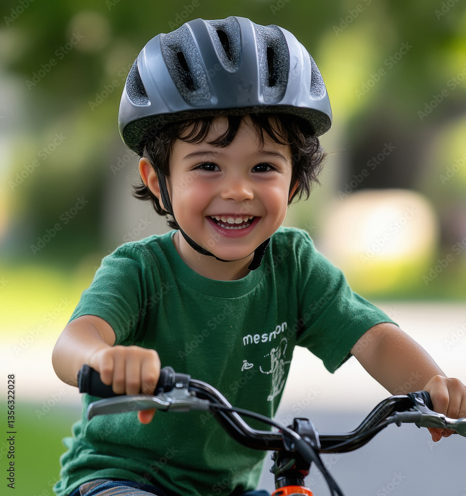 Naklejka premium cute little boy wearing helmet and riding cycle