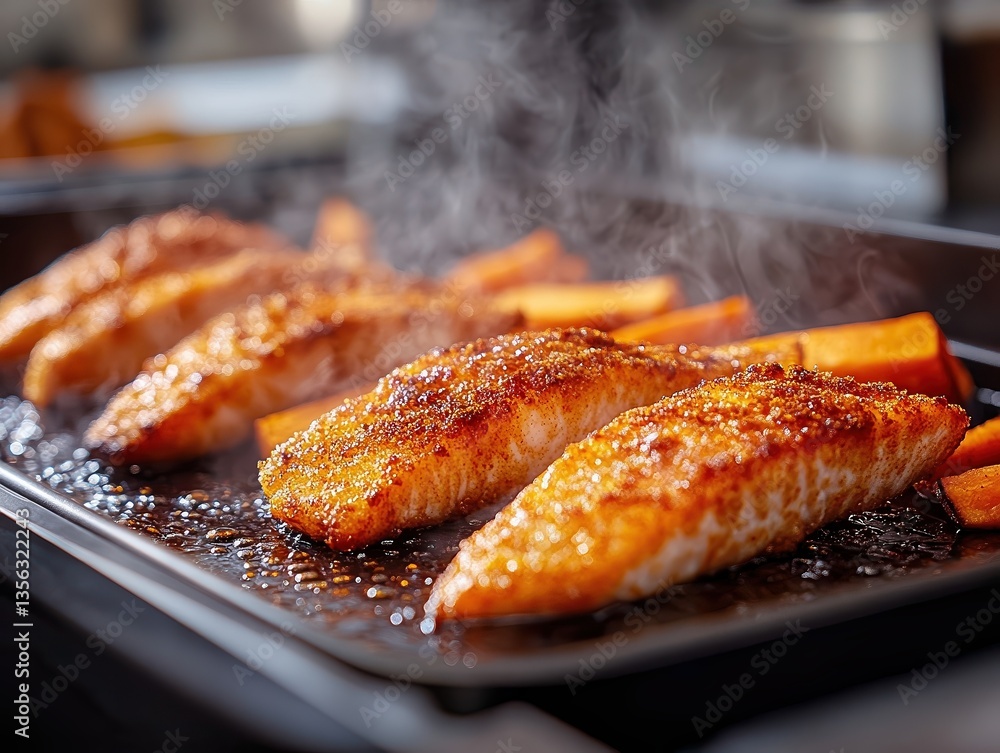 Air fryer cooking fish fingers and wedges, crispy coat forming, steam rising, parchment paper and plate nearby, on textured counter surface. Air fryer cooking fish fingers and wedges, crispy coat forming, steam rising, parchment paper and plate nearby, on textured counter surface.