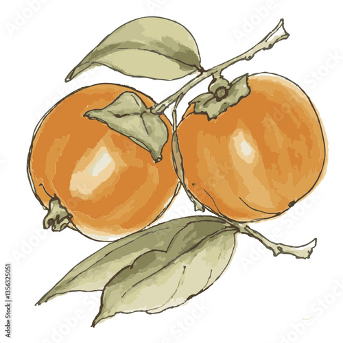 Illustration of a loose hand-drawn persimmon. Organic. Watercolor. Coloring. Color. Vector