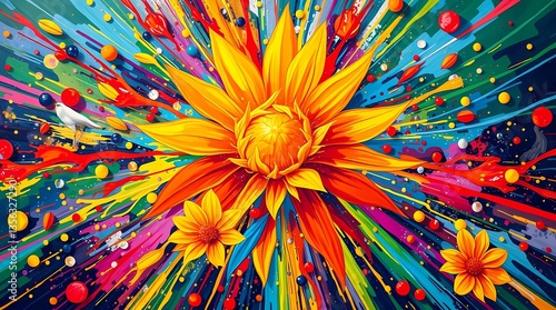 Radiant Floral Burst: A dazzling, artistic illustration of a vibrant flower explosion, with a stunning array of colors and textures. The artwork showcases a captivating blend of creativity and nature.