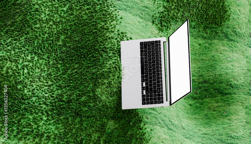 3D render of a laptop with a blank screen on a vibrant green grass background