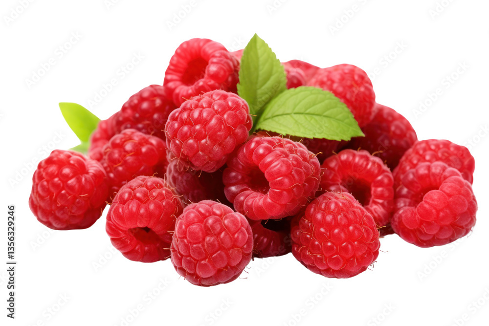 A cluster of raspberries with a rich red color and a few showing slight imperfections, isolated on white background A cluster of raspberries with a rich red color and a few showing slight imperfections, isolated on white background