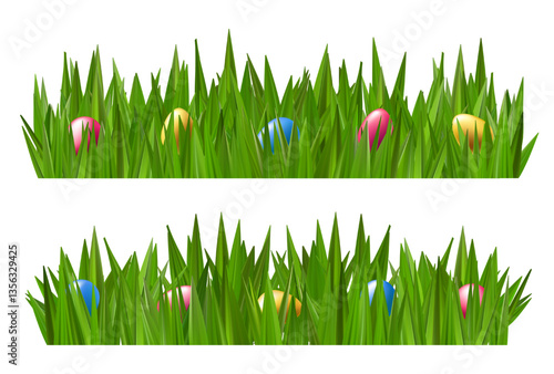Golden Easter egg basket in green grass field podium. Ester vector background spring 3d render. Chocolate hunt happy meadow decoration banner. Weekend sky card design. Sunny day garden gift concept
