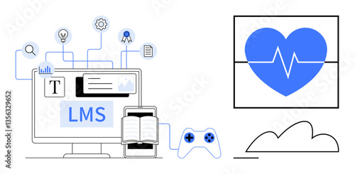 Desktop, mobile device, book, and content icons representing LMS tools, gamification element with a controller, and a health heartbeat monitor. Ideal for education, e-learning, healthcare