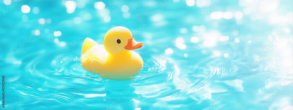Yellow rubber duck floating on clear turquoise swimming pool water. Childhood and summer pool party concept. Image for baby products advertisement, pool accessories and banner with copy space. Yellow rubber duck floating on clear turquoise swimming pool water. Childhood and summer pool party concept. Image for baby products advertisement, pool accessories and banner with copy space.