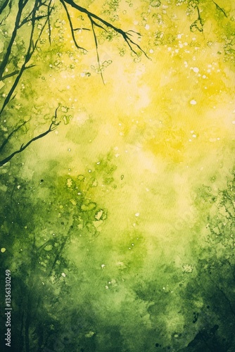 An abstract watercolor painting of trees and sunlit foliage