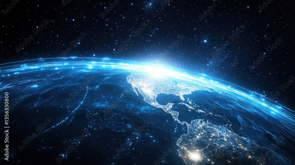 Fototapeta premium Blue, glowing light lines on Earth from space, a global network concept with the planet Earth and a starry sky background