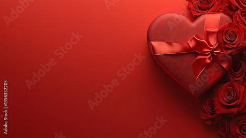 Red heart-shaped gift box with roses on red background.