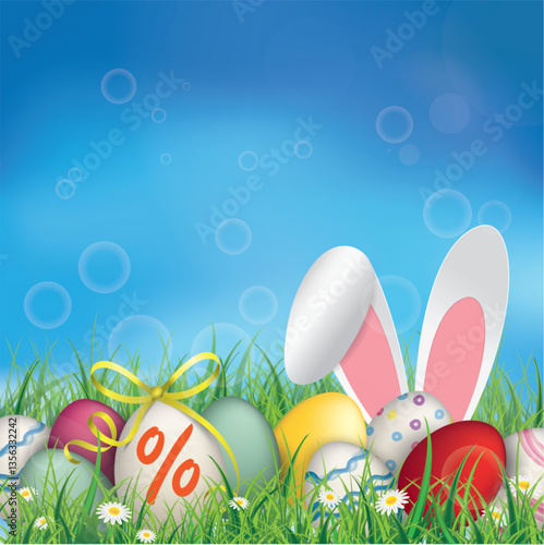 Osteraktion Cover mit bunten Ostereiern und Hasenohren im Gras