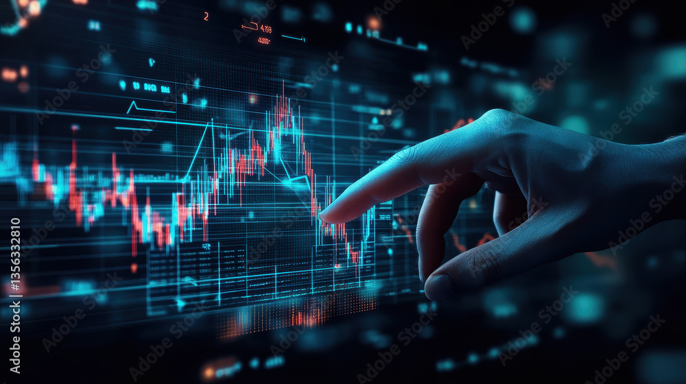 Close-up of a hand touching a digital screen with a stock market graph Close-up of a hand touching a digital screen with a stock market graph