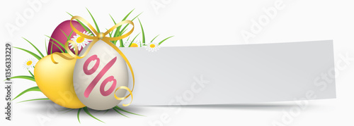 Osteraktion Banner mit bunten Ostereiern und einem Papierstreifen für den persönlichen Text
