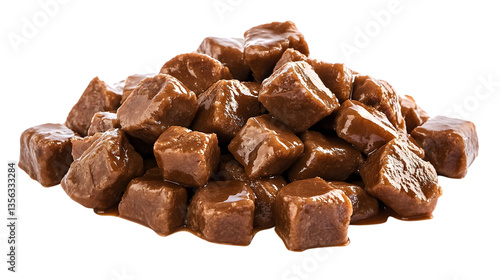 Pile of brown meat cubes in gravy filling the frame on a transparent background