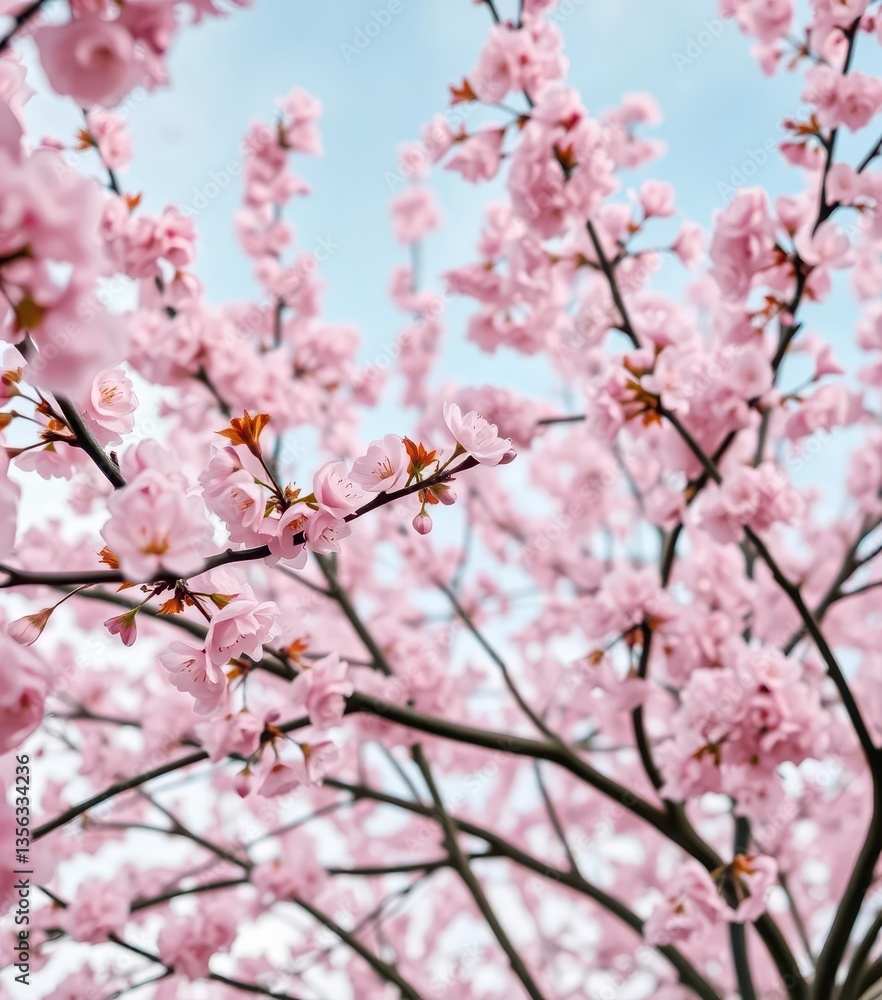Delicate pink cherry blossoms frame a blooming tree against a soft spring sky, pink, pink blossom Delicate pink cherry blossoms frame a blooming tree against a soft spring sky, pink, pink blossom