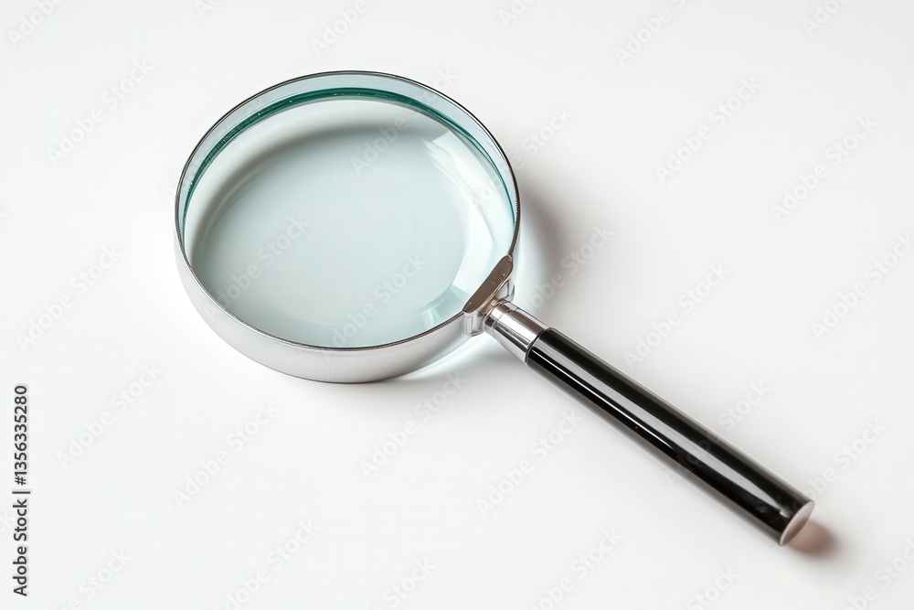 Black-handled magnifying glass on white background. Black-handled magnifying glass on white background.