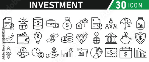 Investment Line Icon Set. Contains Financial Strategy, Savings, Credit Score, income, wallet, currency, dollar, card, coin, Capital, Banking, Profit icons collection