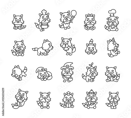 Cute kawaii wolf characters with happy cartoon emotions for fun, joy, entertainment, expressions, lifestyle, activity, creativity, playful, cheerful, friendly, smiling, mood, happiness
