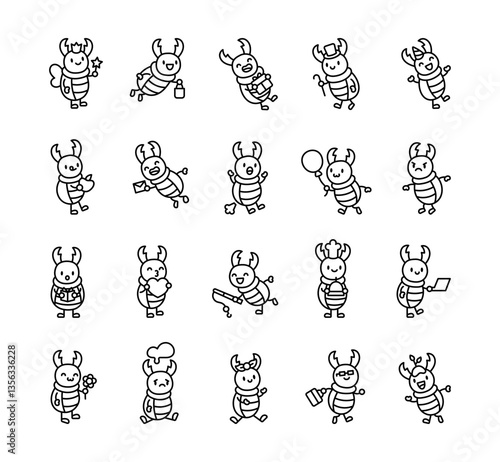 Cute kawaii stag beetle characters with happy cartoon emotions for fun, joy, entertainment, expressions, lifestyle, activity, creativity, playful, cheerful, friendly, smiling