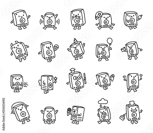 Trash can set featuring adorable kawaii characters with various emotions, accessories, and activities, including heartwarming, funny, and everyday situations in a charming cartoon style