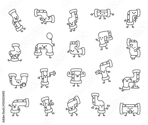 Adorable pipe characters set showing different emotions and actions in a cute cartoon style, perfect for yours funny plumbing themed creative projects and designs