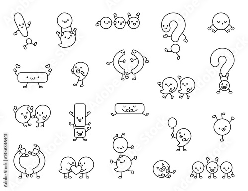 Set cartoon characters of punctuation mark symbols with smiling expressions and dynamic poses for educational grammar tasks and school design ideas for illustration and creative projects
