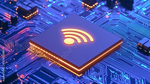 Glowing Wifi Symbol on a Blue and Orange Circuit Board