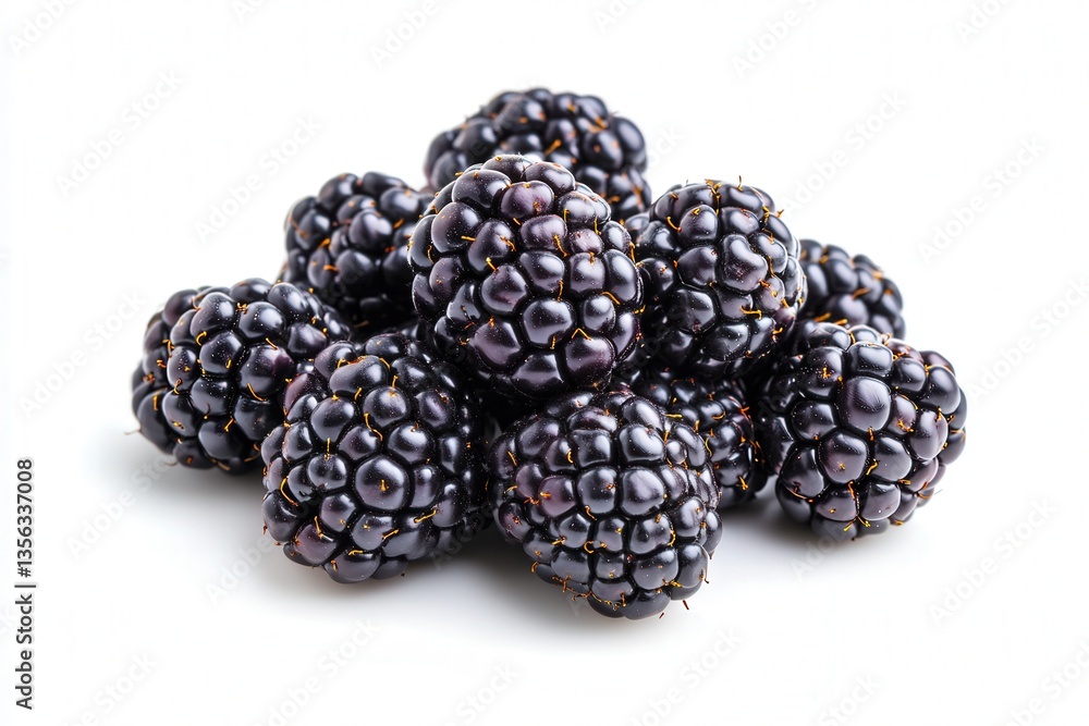 Close-up of fresh, glossy blackberries on a white background. Close-up of fresh, glossy blackberries on a white background.
