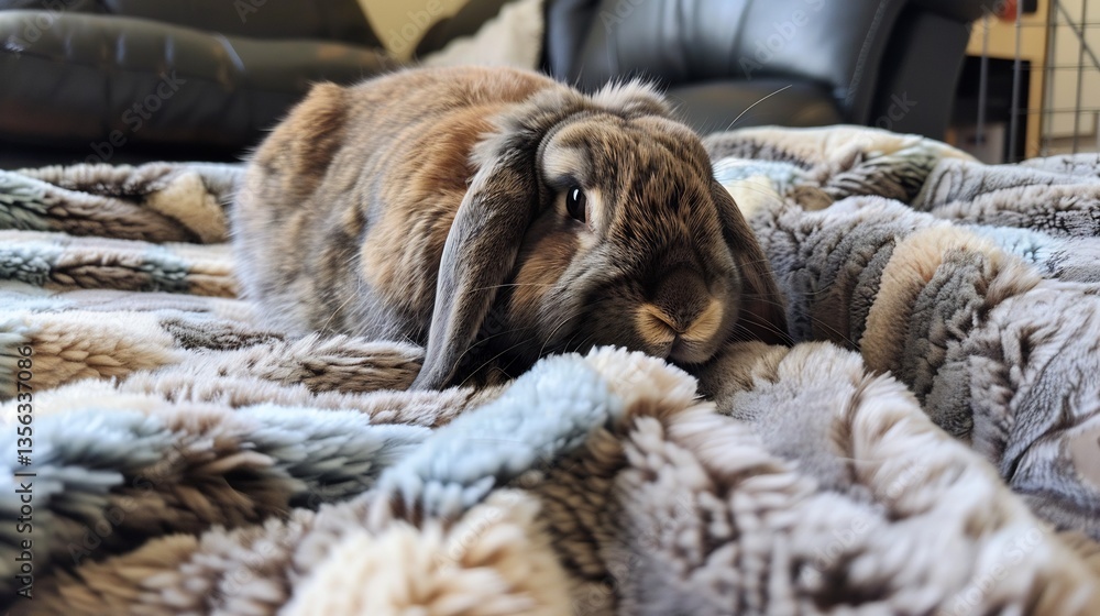 Naklejka premium Pet rabbit resting on a cozy fleece blanket its soft fur blending with the warm and comfortable setting of a home environment
