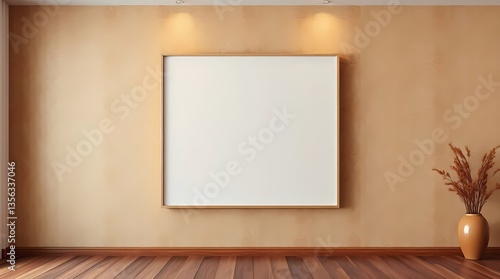 Blank Canvas Interior: A minimalist interior design featuring an empty picture frame on a textured wall with spotlights, enhancing the space with simplicity and elegance.