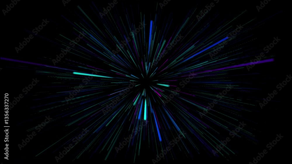 Colorful light streaks expanding from the center on black video animation looping background for science fiction, space, stars, galaxy, universe, travel, energy, hyperspace jump motion effect Colorful light streaks expanding from the center on black video animation looping background for science fiction, space, stars, galaxy, universe, travel, energy, hyperspace jump motion effect