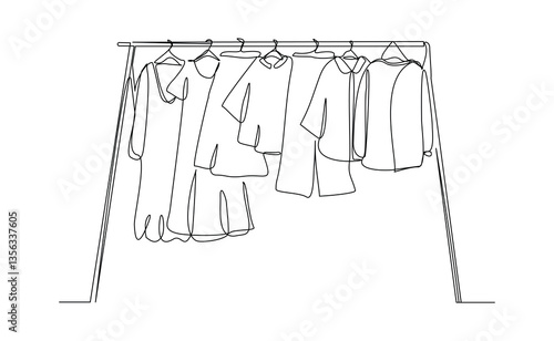 Continuous single line of wardrobe clothes hanging and drying with hanger. Laundry fashion wardrobe concept sketch drawing editable stroke vector illustration