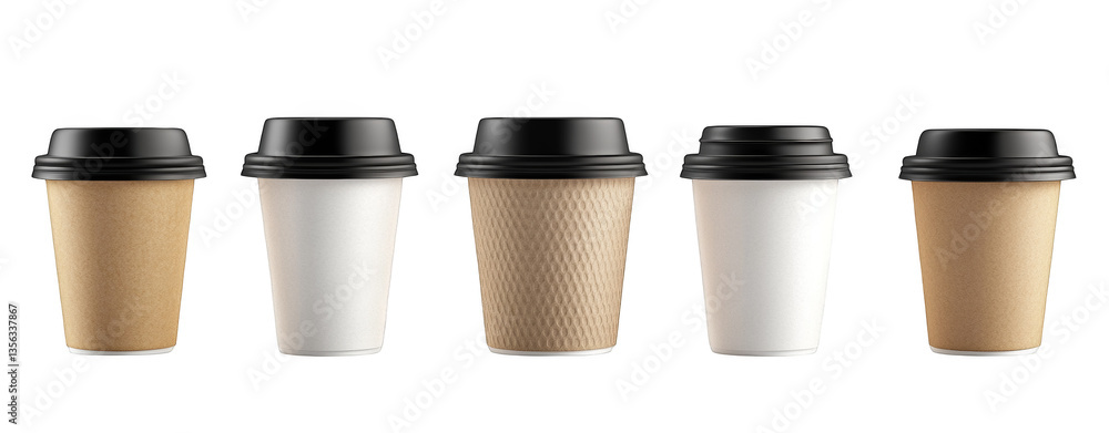 Disposable Coffee Cups with Black Lids in Minimalist Design Disposable Coffee Cups with Black Lids in Minimalist Design