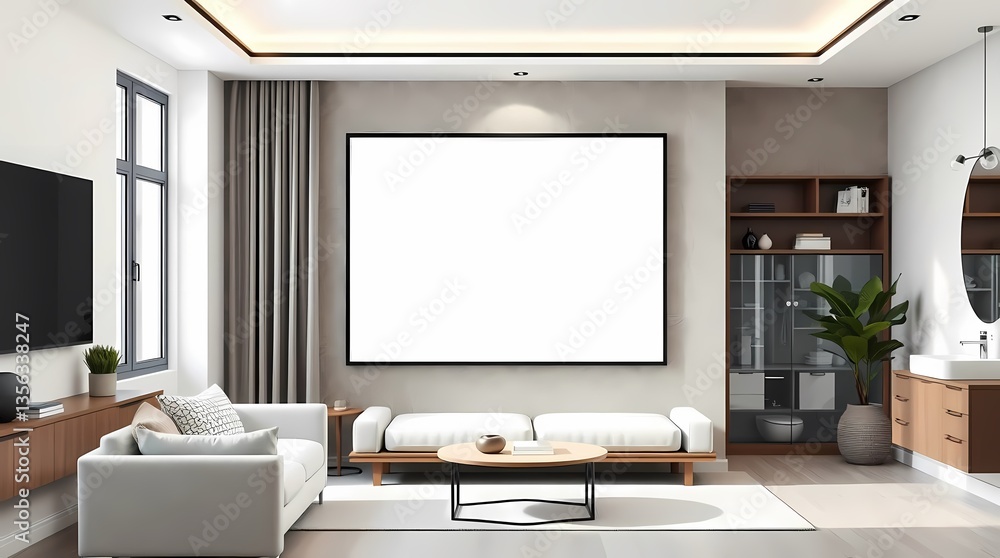 Minimalist Living Room Mockup: Contemporary interior design concept featuring a blank canvas for your art, nestled in a stylish living space.