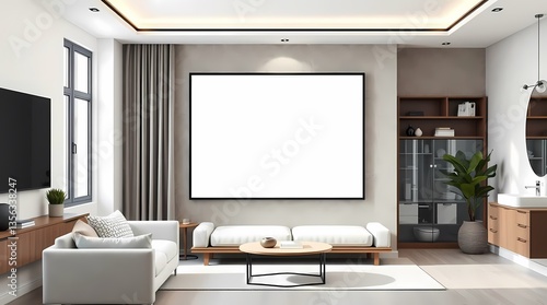 Obraz na płótnie Minimalist Living Room Mockup: Contemporary interior design concept featuring a blank canvas for your art, nestled in a stylish living space. w salonie