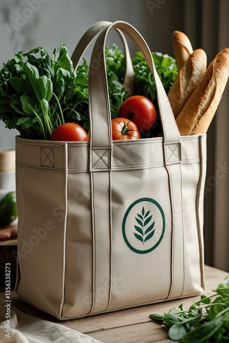 A reusable canvas grocery bag filled with fresh vegetables, tomatoes, leafy greens, and baguettes, sitting on a wooden kitchen counter with natural light streaming in.