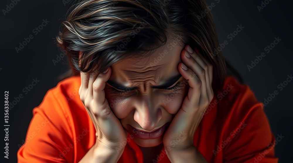 Capturing the Weight of Worry: A poignant portrayal of a person overwhelmed by emotional distress, her face etched with anguish and worry.