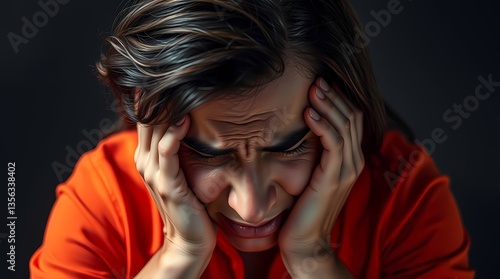 Obraz na płótnie Capturing the Weight of Worry: A poignant portrayal of a person overwhelmed by emotional distress, her face etched with anguish and worry. w salonie