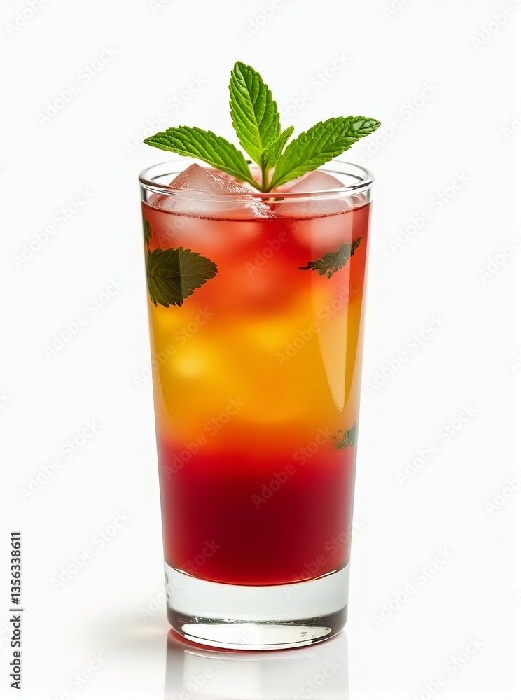 Layered Red and Yellow Drink with Muddled Mint and Mint Sprig on White Studio Surface Layered Red and Yellow Drink with Muddled Mint and Mint Sprig on White Studio Surface