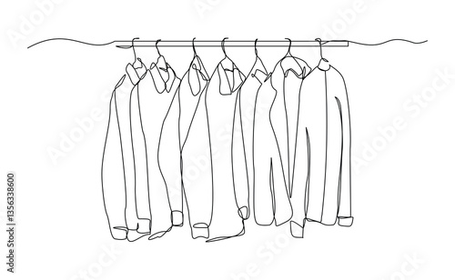Continuous single line of wardrobe clothes hanging and drying with hanger. Laundry fashion wardrobe concept sketch drawing editable stroke vector illustration