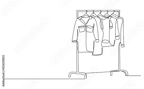 Continuous single line of wardrobe clothes hanging and drying with hanger. Laundry fashion wardrobe concept sketch drawing editable stroke vector illustration