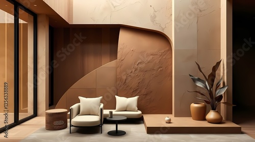 Obraz na płótnie Modern Minimalist Living Room: An inviting interior showcases minimalist elegance, featuring a neutral color palette, natural textures, and a seamless blend of form and function. w salonie