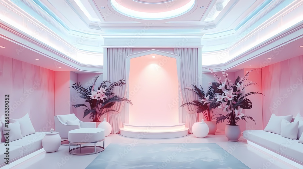 Serene Interior Oasis: A modern, stylish interior with a pastel color scheme, featuring elegant furnishings and lush plants, exuding an atmosphere of tranquility and sophistication.