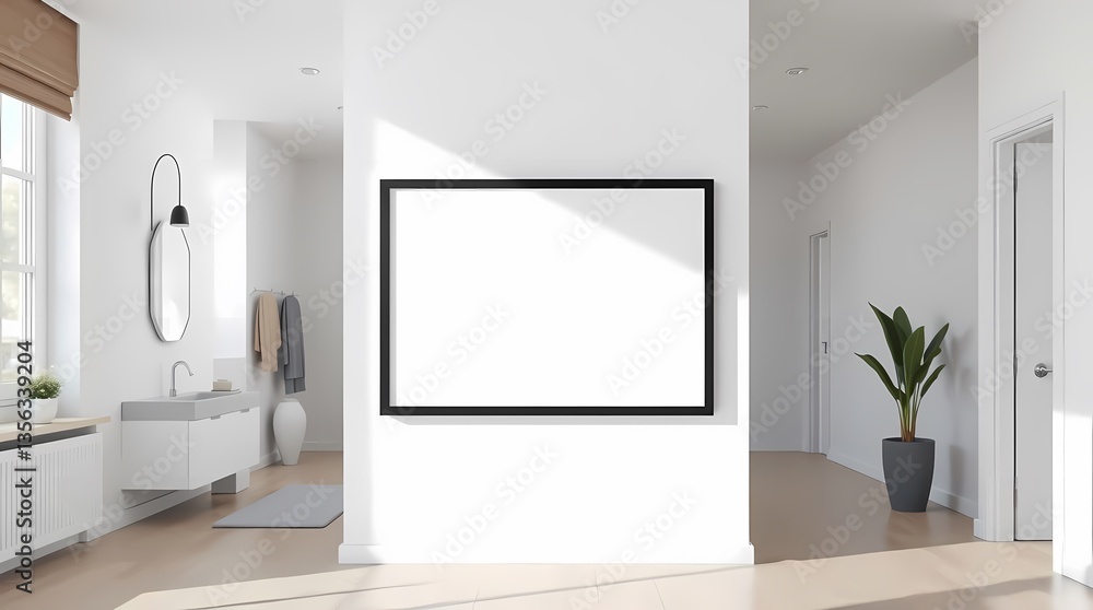 Modern Home Interior: A minimalist living room with contemporary design featuring a large, blank canvas for your artwork, framed in black and illuminated by natural sunlight.