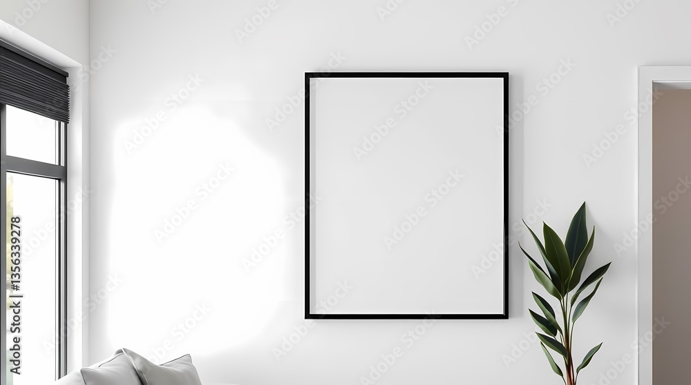 Empty Frame Display in Interior: Minimalist interior design showcases an empty picture frame mounted on a clean wall, with natural light streaming in. The composition is completed with a plant.
