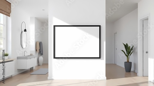 Obraz na płótnie Modern Home Interior: A minimalist living room with contemporary design featuring a large, blank canvas for your artwork, framed in black and illuminated by natural sunlight. w salonie
