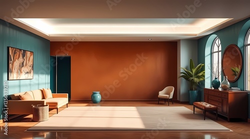 Obraz na płótnie Elegant Living Space: A meticulously designed living room interior, showcasing a harmonious blend of modern and classic elements, creating an inviting and sophisticated atmosphere. w salonie