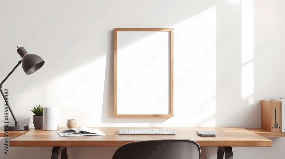 Cozy Workspace: A well-lit, inviting workspace with a wooden desk and a blank picture frame, ready for personalization. Minimalist setup, with modern and clean aesthetic.