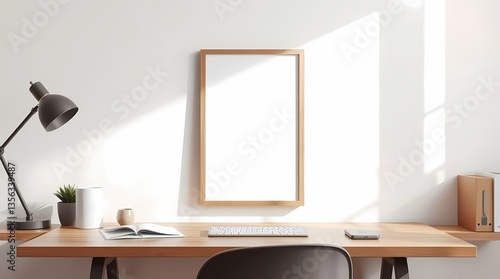 Obraz na płótnie Cozy Workspace: A well-lit, inviting workspace with a wooden desk and a blank picture frame, ready for personalization. Minimalist setup, with modern and clean aesthetic. w salonie