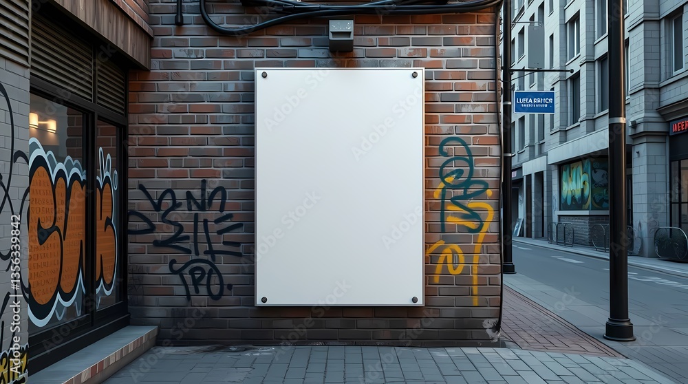 Blank Canvas in the City: A blank poster frame mounted on a brick wall in a bustling urban street, a versatile backdrop for advertising, messaging, and creative expression.