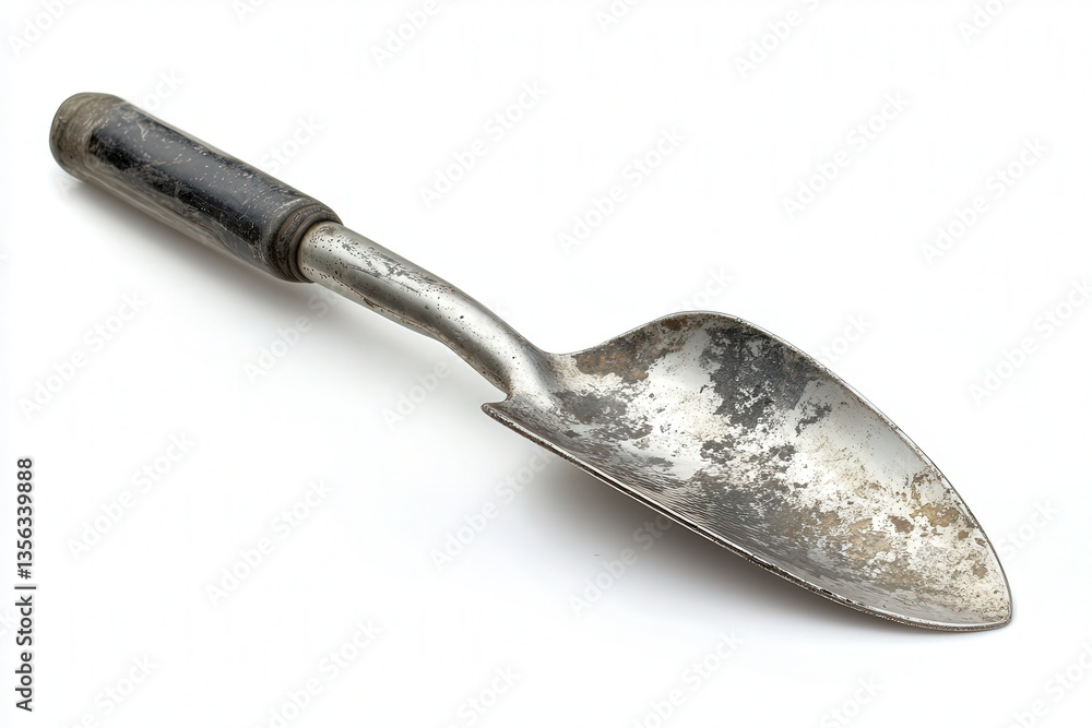 Obraz premium Worn metal gardening trowel with a black handle.