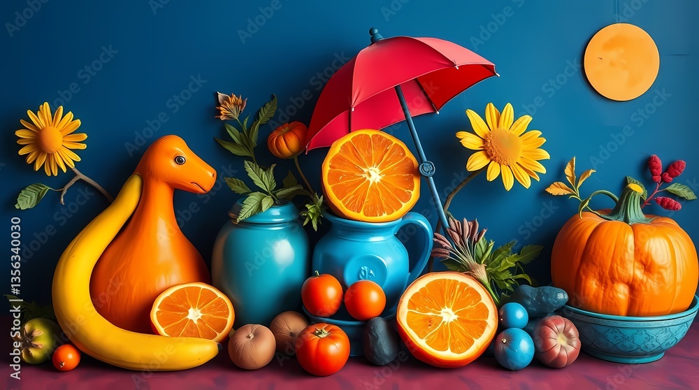 Vibrant Fruit Composition: An eye-catching arrangement of various fruits and other items like a duck statue, mini umbrella, a sunflower, a pumpkin on a table.